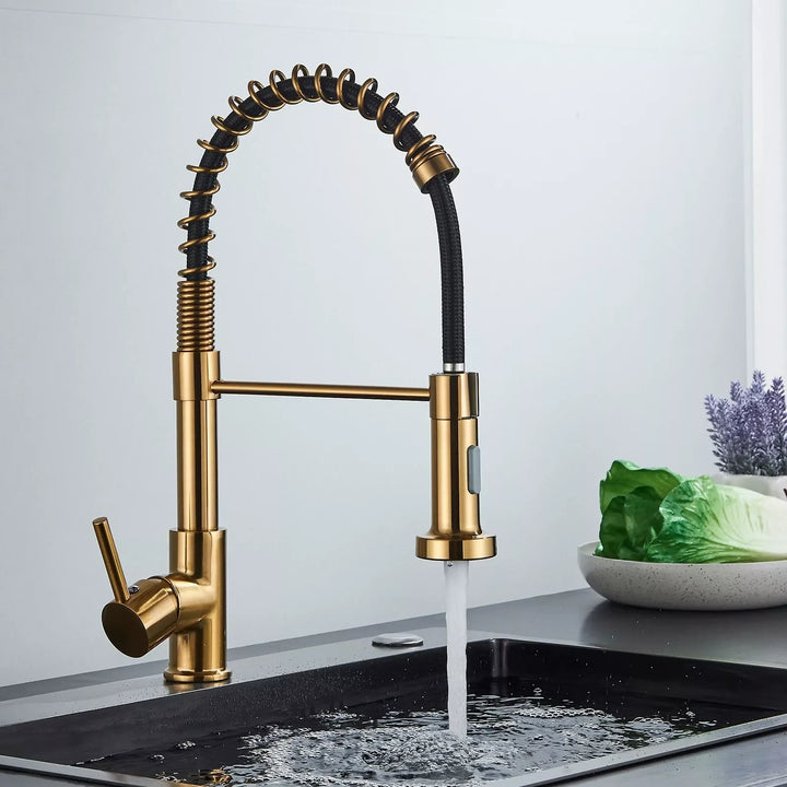 Brushed Gold Kitchen Sink Faucet One Handle Spring Hot and Cold Water Tap Deck Mounted Bathroom Kitchen Crane