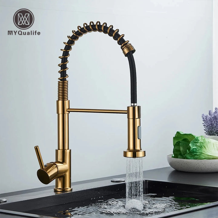 Brushed Gold Kitchen Sink Faucet One Handle Spring Hot and Cold Water Tap Deck Mounted Bathroom Kitchen Crane